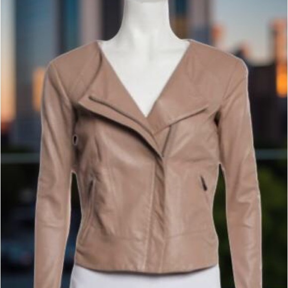 Veda Tan Taupe 100% Leather Asymmetrical Moto Jacket With High Cut Back Size L - Picture 4 of 8